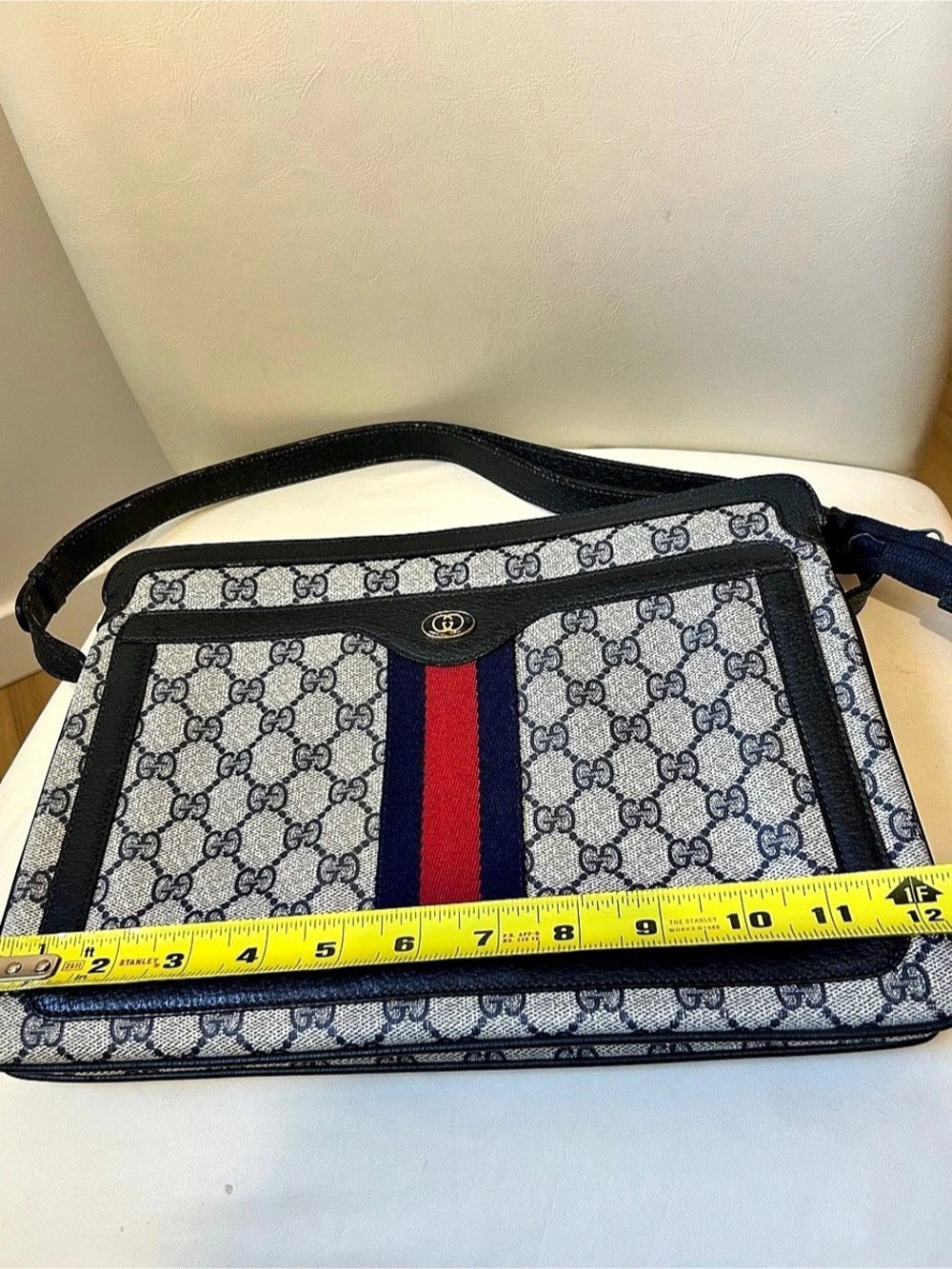 Gucci Vintage GG Supreme Navy Web Stripe Shoulder Bag Blue & White - Picture 13 of 16